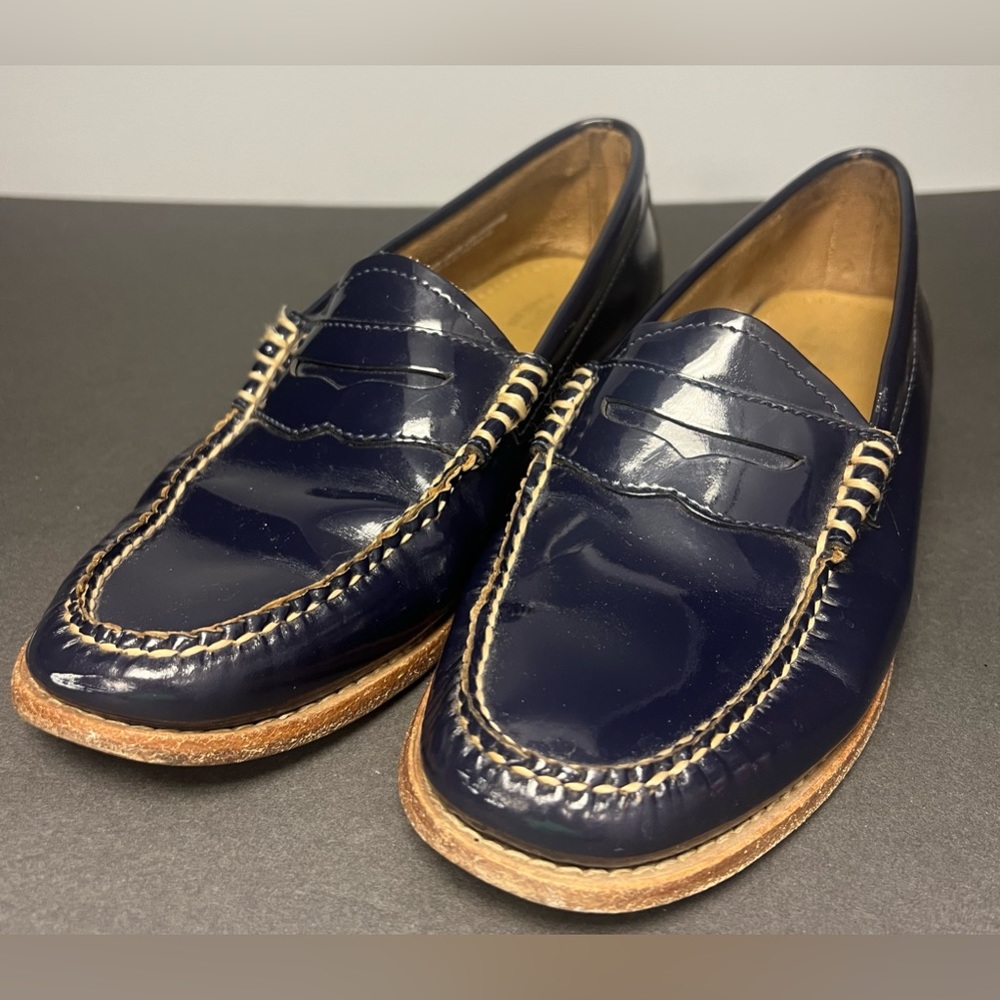 G.H. Bass & Co. Navy Patent Leather Penny Loafers with Tan Trim